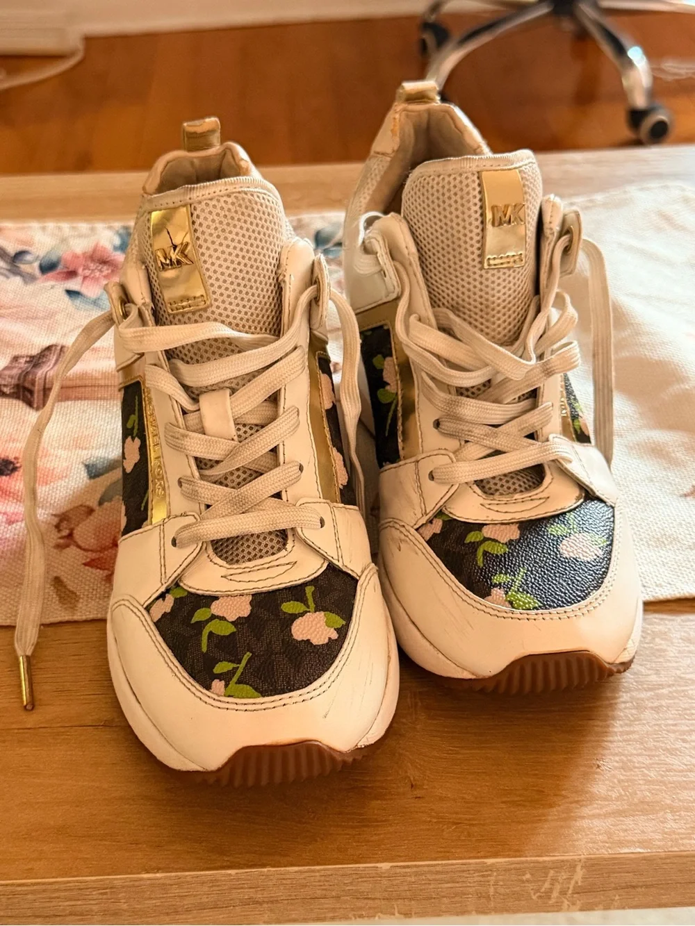 Michael Kors Cream & Floral Platform Sneakers with Gold Accent